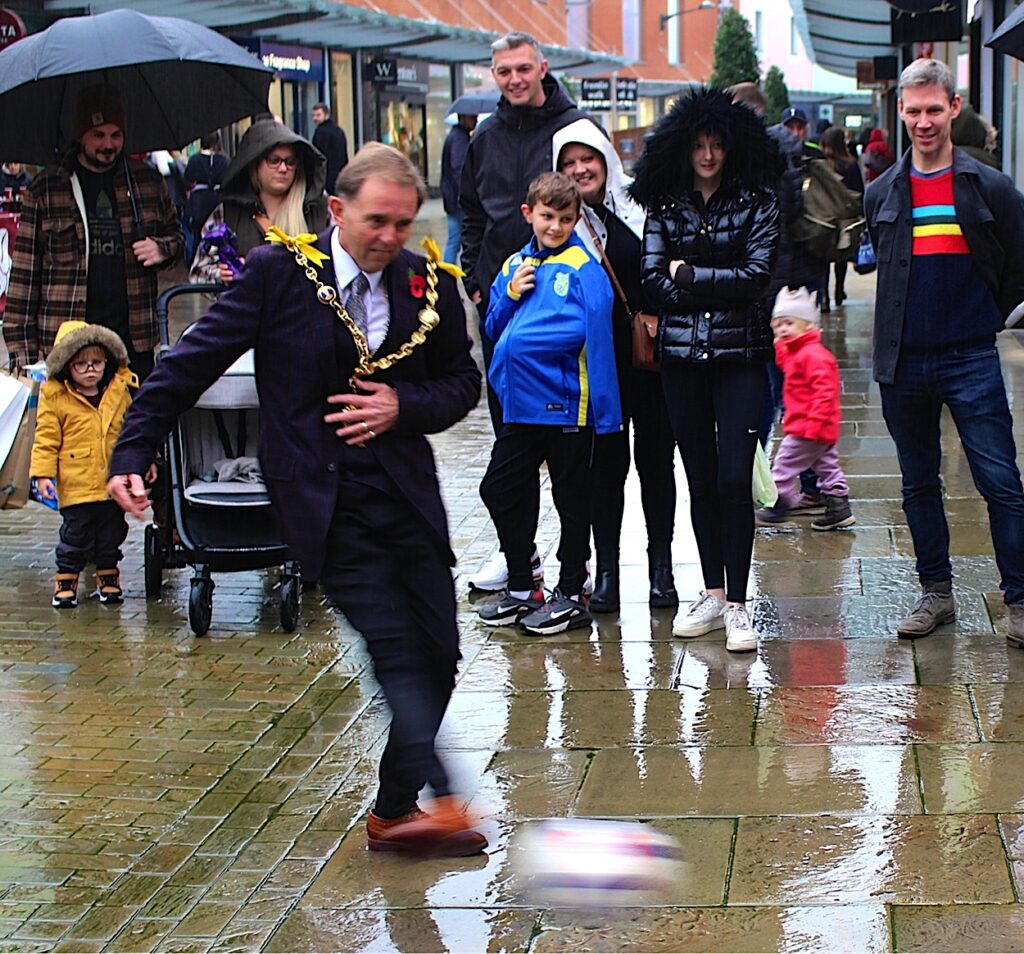Maidstone Mayor Cllr Derek Mortimer opens Stones' Soccer Show exhibition at MMFs' shop