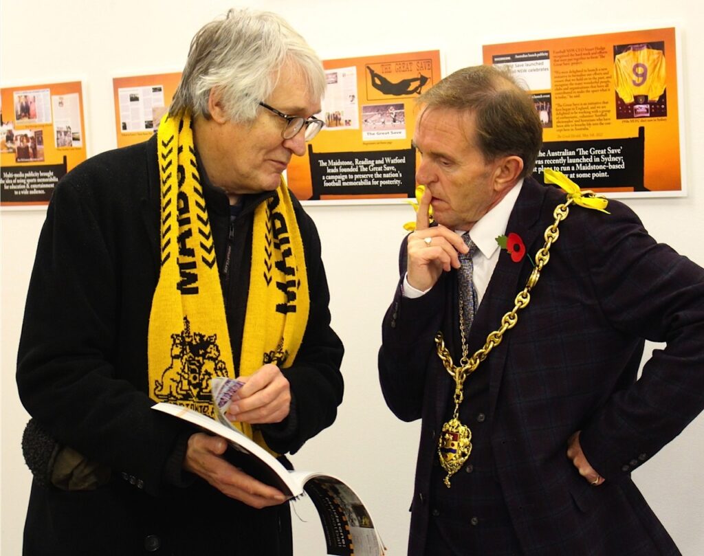 Derek Mortimer, Mayor of Maidstone, discussing the exhibition’ contents with John Bunyard, curator of the show