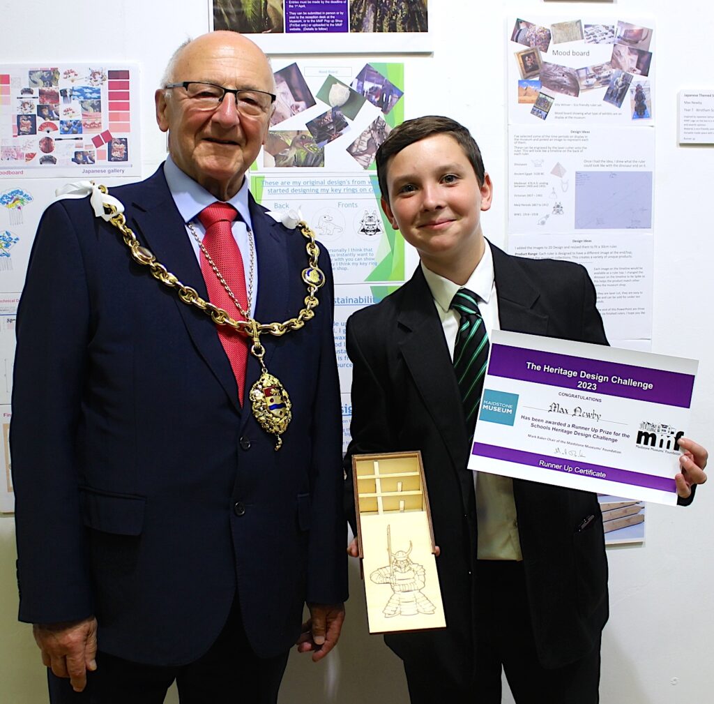 MMF Heritage Design Awards 2023 Runner Up - Max Newby, inventor of a Japanese-themed storage box, receives his certificate from the Mayor of Maidstone